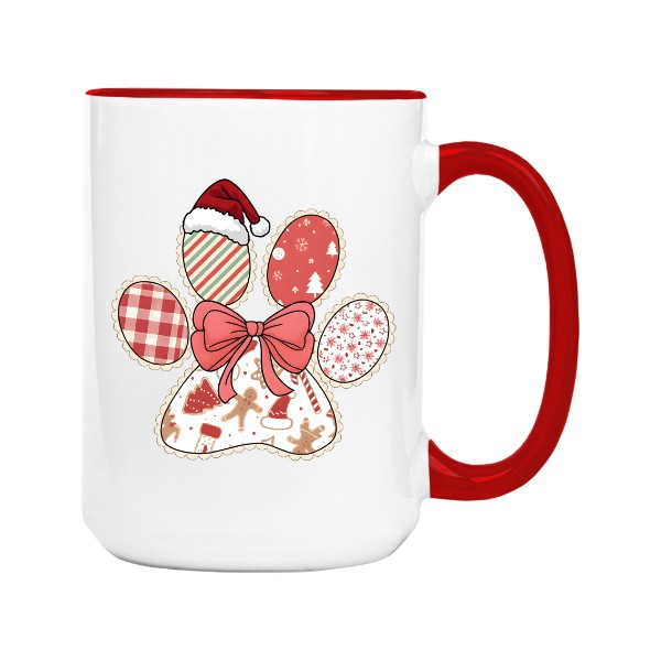 Hrnek velký barevný s potiskem Vánoční tlapka s mašlí